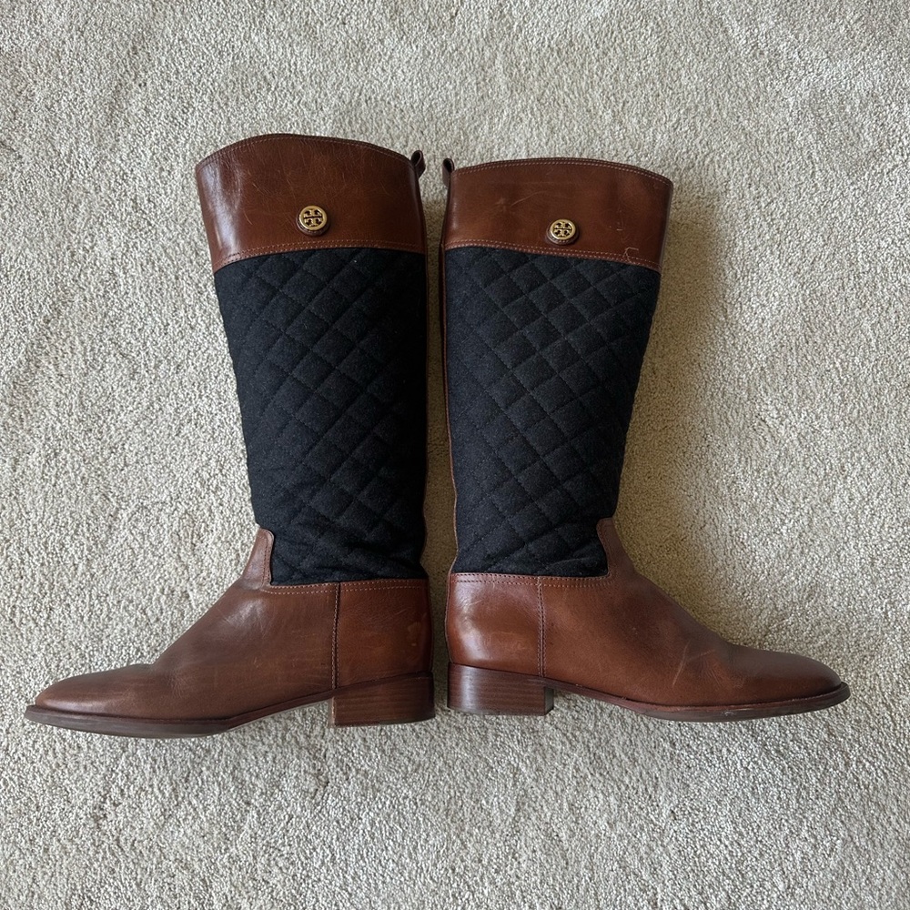 Tory Burch Rowan Quilted Riding Boot, Chestnut & Charcoal Grey, Size 11